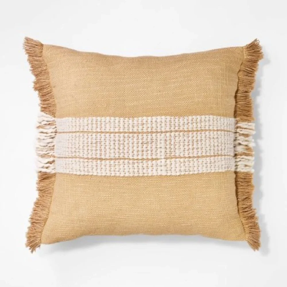 Woven Striped Square Throw Pillow Neutral/Cream: Fringed Trim Studio McGee